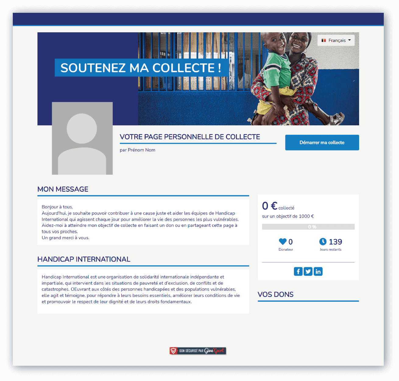 Création de page personnelles Création de page personnelles de collecte