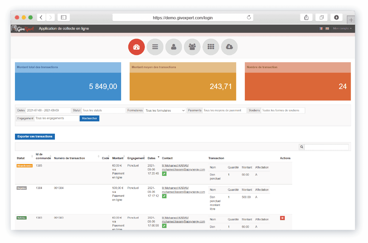 GiveXpert - Tableau de bord de pilotage