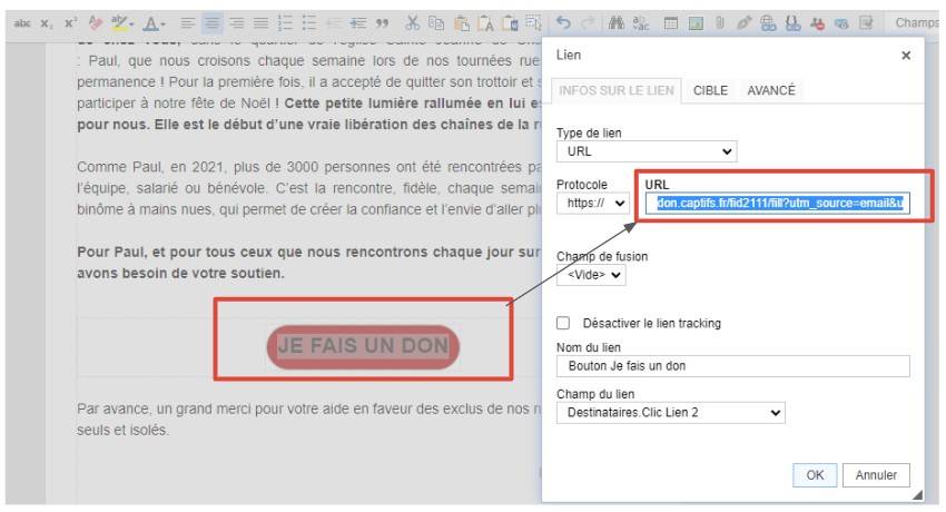 suivi précis des sources de dons insertion du lien taggé dans l’éditeur d’emailing aux captifs la libération