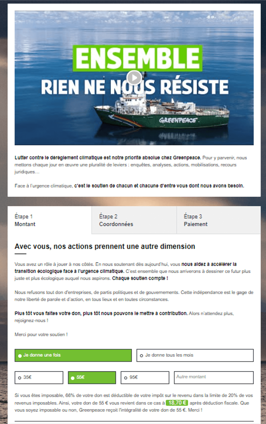 formulaire de don greenpeace avec ou sans vidéo