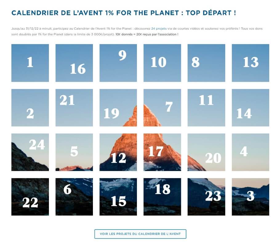 Calendrier de l’avent 1 pour cent for the planet existe aussi en version digitale Calendrier de l’avent 1 pour cent for the planet existe aussi en version digitale