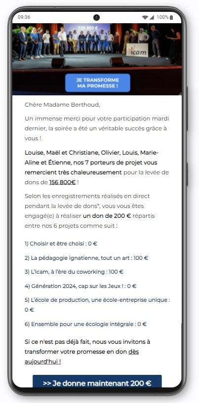 emailing pour convertir les promesses de dons post événement Icam - GiveXpert - Obole