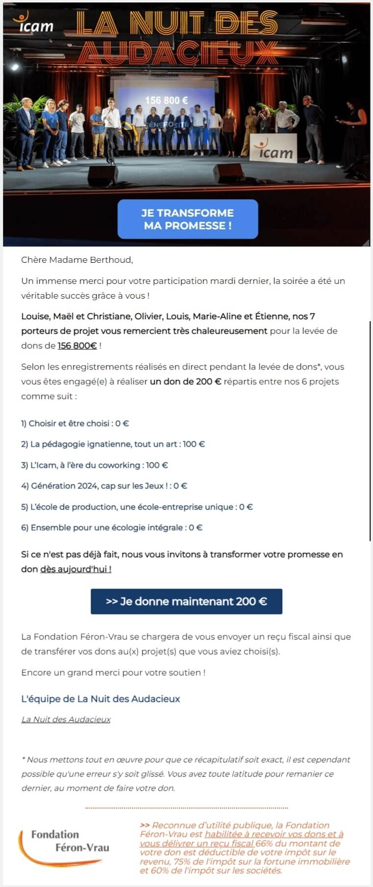 icam givexpert mail récapitulatif individuel aux donateurs à j+2 de leurs dons, leurs affectations et la procédure pour les concrétiser